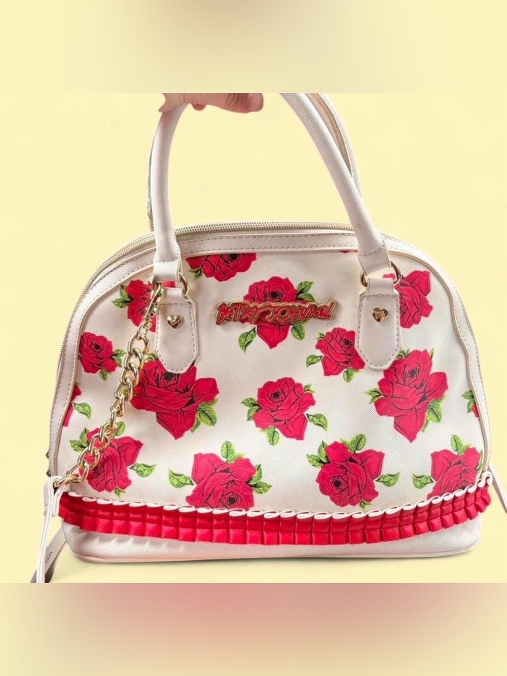 Betsey Johnson RARE Floral Satchel Handbag with Red Rose Print